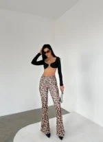 Koyu Leopar İspanyol Paça Pantolon