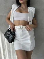 Beyaz Kaşe Kemerli Mini Etek