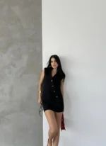 Siyah Kaşe Kruvaze Oversize Yelek Etek Takım