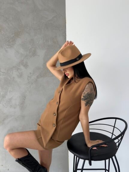 Vizon Kaşe Kruvaze Oversize Yelek Etek Takım