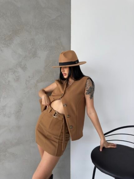 Vizon Kaşe Kemerli Mini Etek