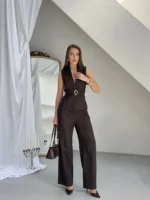 Kahve Keten Kuşaklı Yelek Pantolon Takım