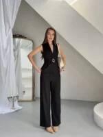 Siyah Keten Kuşaklı Yelek Pantolon Takım