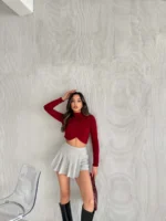Bordo Omuz Büzgülü Kruvaze Çilek Bluz