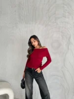 Bordo Madonna Yaka Çilek Büzgülü Bluz