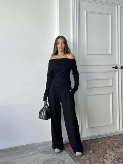 SİYAH MODAL YAN BÜZGÜLÜ TAKIM