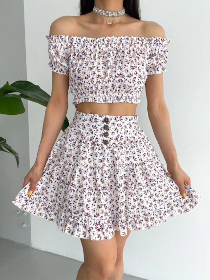 Lacivert Çıtır Çiçek Desenli Büstiyer Etek Takım