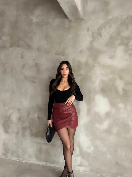 Bordo Drapeli Deri Mini Etek