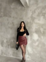 Bordo Drapeli Deri Mini Etek