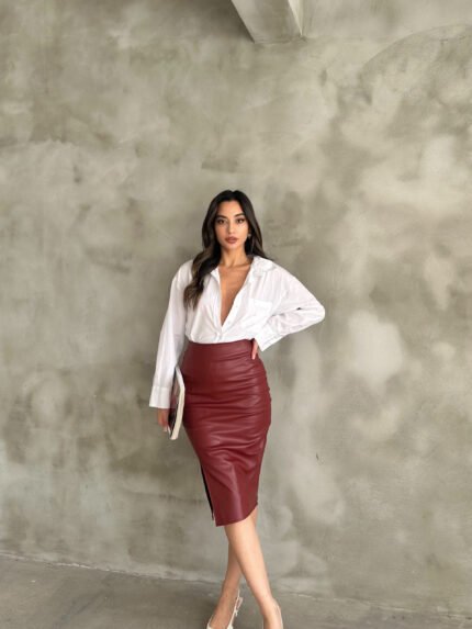 Bordo Önden Yırtmaçlı Deri Kalem Etek