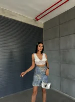 İndigo Gabardin Kumaş Fırfırlı Etek