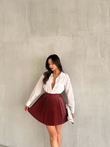 Bordo Deri Pilise Mini Etek