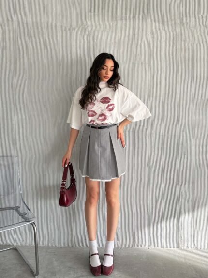 Gri Pile Detaylı Poliviskon Etek