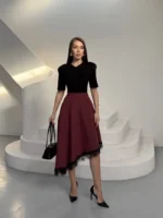 Bordo Eteği Dantelli Modal Asimetrik Etek