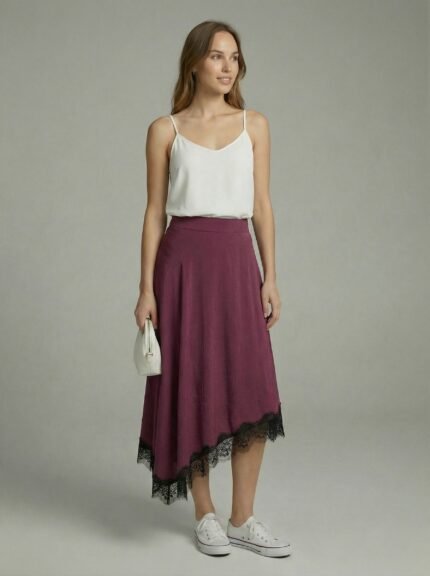 Mürdüm Eteği Dantelli Modal Asimetrik Etek