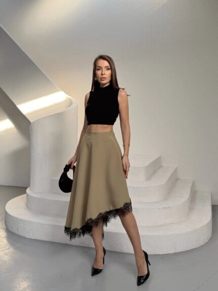 Olive Eteği Dantelli Modal Asimetrik Etek