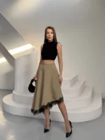 Olive Eteği Dantelli Modal Asimetrik Etek