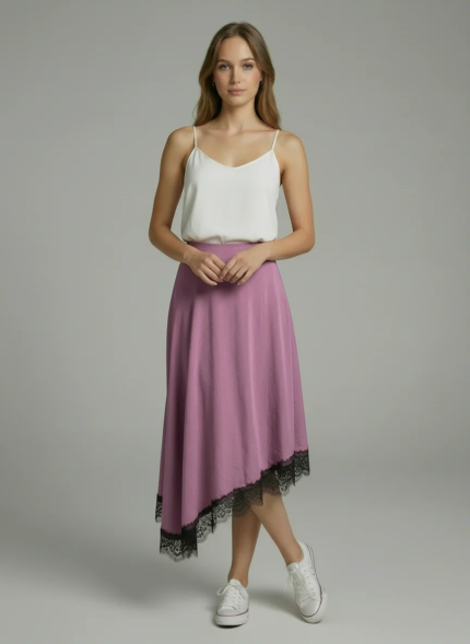Pudra Eteği Dantelli Modal Asimetrik Etek