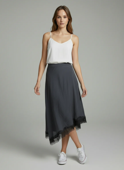 Lacivert Eteği Dantelli Modal Asimetrik Etek