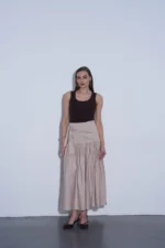 Bej Kuşaklı Keten Maxi Etek