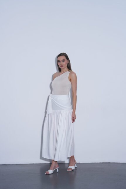 Beyaz Kuşaklı Keten Maxi Etek