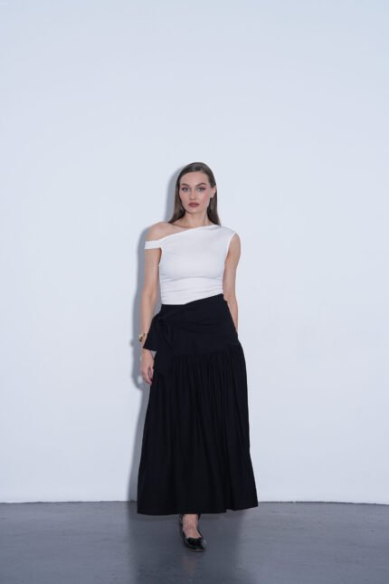 Siyah Kuşaklı Keten Maxi Etek