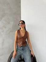 Kahve Deri Astarlı Yelek