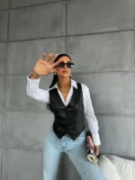 Siyah Deri Astarlı Yelek