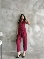 Bordo Altın Düğmeli Yelekli Pileli Pantolon Takım
