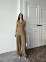 Kahve Keten Tokalı Yelekli Takım