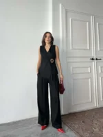 Siyah Keten Tokalı Yelekli Takım