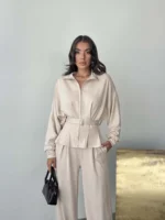 BEJ MODAL PİLELİ KUŞAKLI CEKET TAKIM