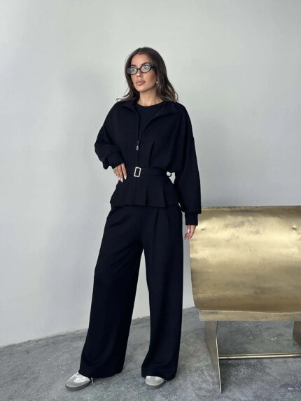 SİYAH MODAL PİLELİ KUŞAKLI CEKET TAKIM