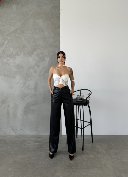 Siyah Palazzo Deri Pantolon