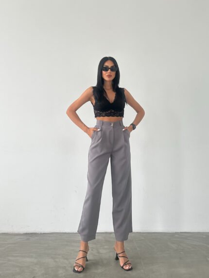 Gri Paçası Düğmeli Atlas Pantolon