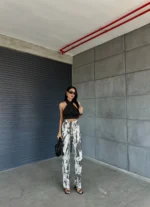 Gri Leopar Gabardin Kumaş Palazzo Pantolon