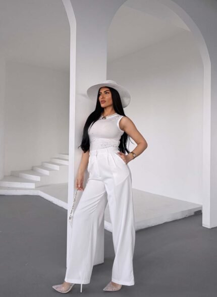Beyaz Palazzo Atlas Pantolon