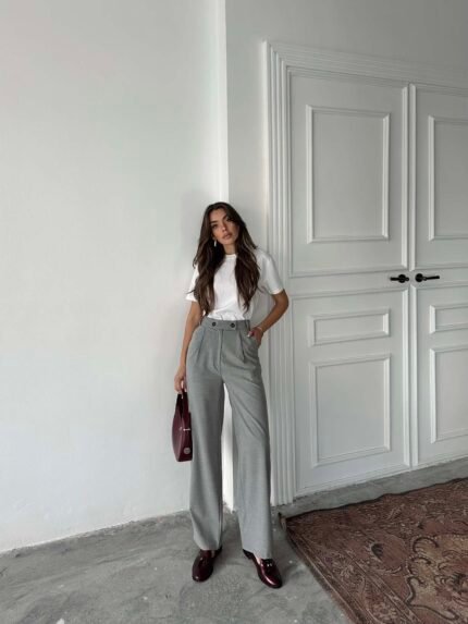 Gri Poliviskon Çift Düğme Palazzo Pantolon