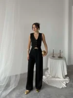 Siyah Poliviskon Çift Düğme Palazzo Pantolon