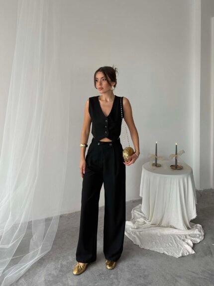 Siyah Poliviskon Çift Düğme Palazzo Pantolon