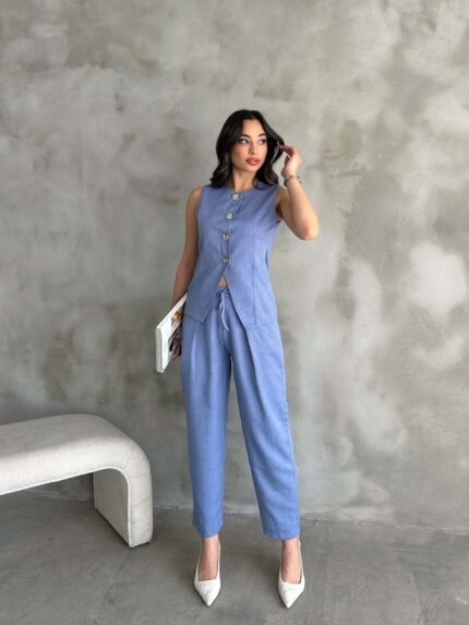 Mavi Altın Düğmeli Yelekli Pileli Pantolon Takım