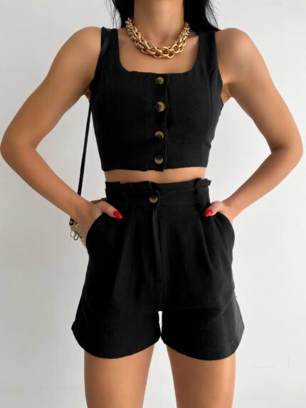 Siyah Keten Şort - Yelek Takım