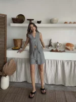 Gri Tek Düğme Yelekli Şort Takım