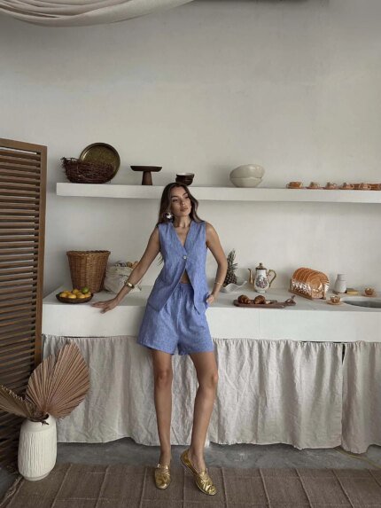 Mavi Tek Düğme Yelekli Şort Takım