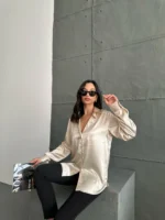 Bej Saten Oversize Gömlek