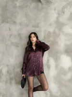 Bordo Leopar Desenli Saten Oversize Gömlek