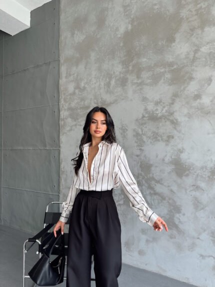 Çizgi Desenli Saten Oversize Gömlek