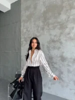 Çizgi Desenli Saten Oversize Gömlek