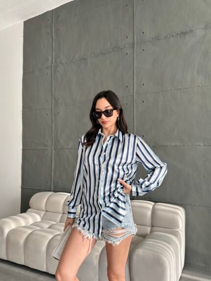 Lacivert Mavi Çizgi Desenli Saten Oversize Gömlek
