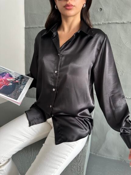 Siyah Saten Oversize Gömlek